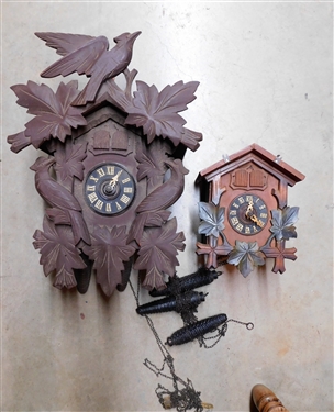 2 Cuckoo Clocks  - Larger one Missing Hands - Both Have Weights - Largest is 16 Smaller 9 - NO PENDLUMS 