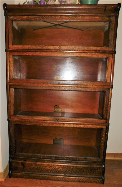 Nice Oak 4 Stack  Barrister Bookcase - The Globe Wernicke Co. Size D 8 1/2- Original Paper Tag   - Missing 1 Glass - Oak Top and Bottom - 58" tall 34" by 11 1/2" 