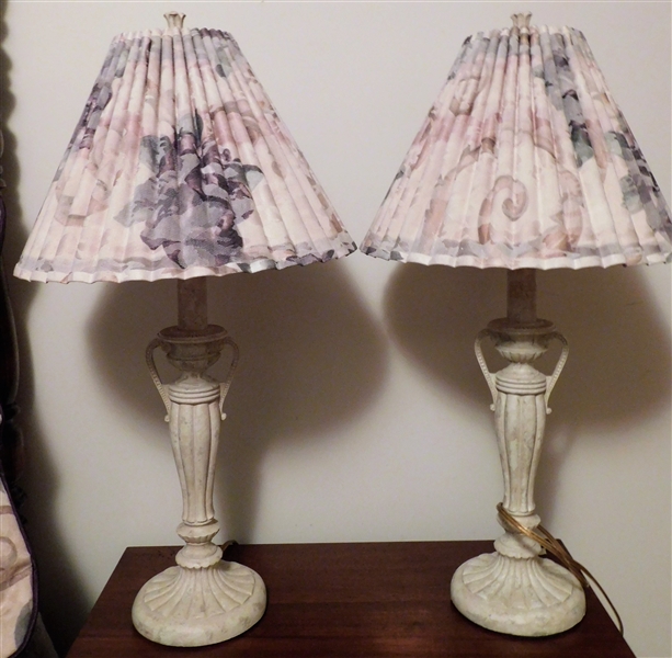 Matching Pair of Table Lamps with Purple Floral Shades that Match Bedding - 26" tall 