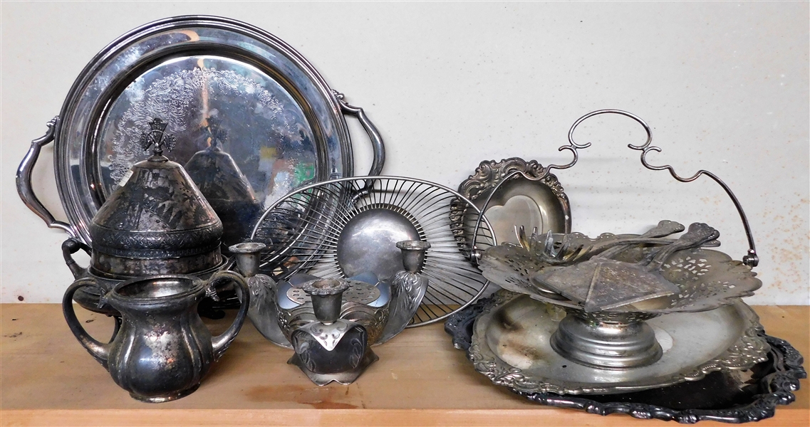 Lot of Silverplate Items including  Cheese Dish, Basket, Center Piece Bowl, Platters, Etc. 