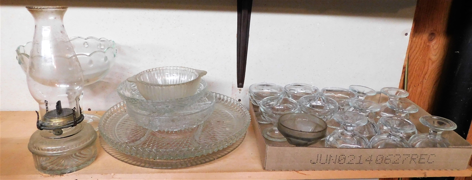 Lot of Clear Glassware including Diamond Point, Oil Lamp, Compote, Sherbets