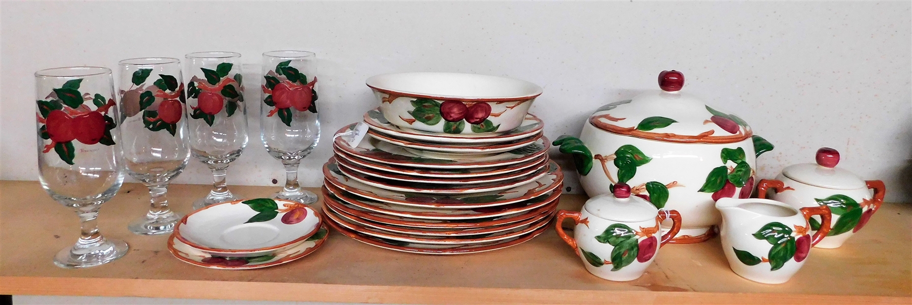 23 Pieces of Franciscan Apple Blossom China and Glassware including Dinner Plates, Goblets, Covered Dish, Cream & Sugar - 2 Dinner Plates Have Chips