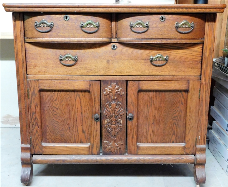 Oak Server With Wreath Detail on Front - 1 Felt Lined Silver Drawer with Dividers - 39 1/4" 42" by 21"