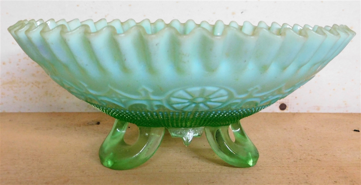 Green Opalescent Footed Bowl - Ruffled Edge - 8 1/4" across 3 1/4" tall 