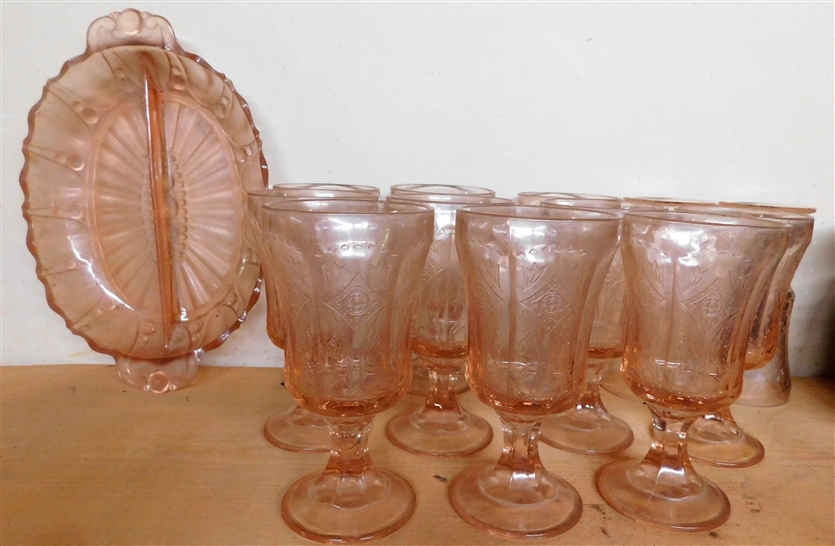 Lot of Pink Glass including 12 Goblets -2 Have Nicks (Pictured Upside Down) and Divided Dish