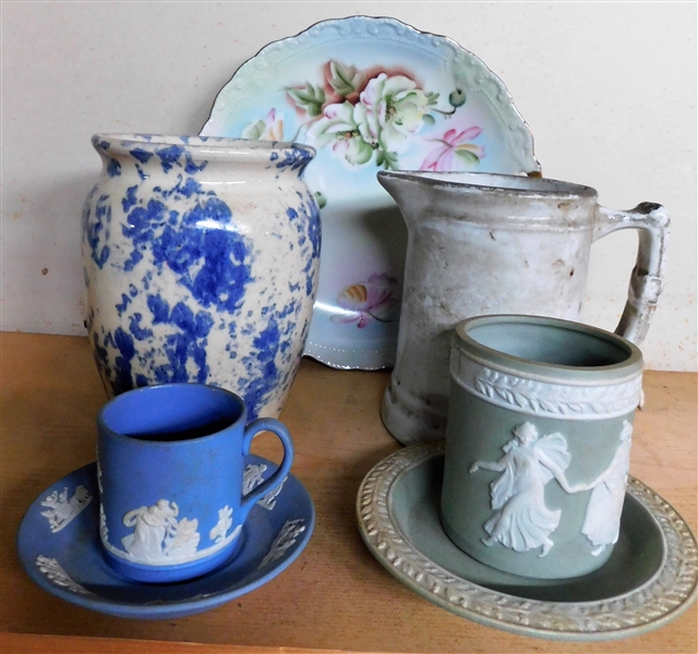 Old Fort, NC Handmade Spongeware Pottery, Hand Painted Plate, Ironstone Pitcher, Blue Wedgwood Cup and Saucer and Green Jasperware