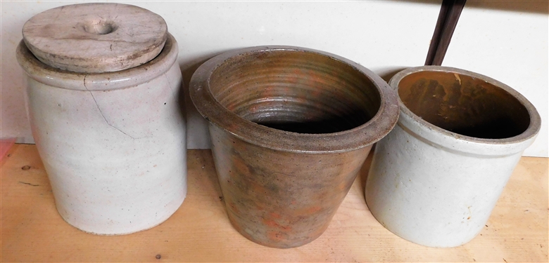North Carolina 8  Milk Crock, Stone Crock, Stone Crock with Crack, and Churn Lid