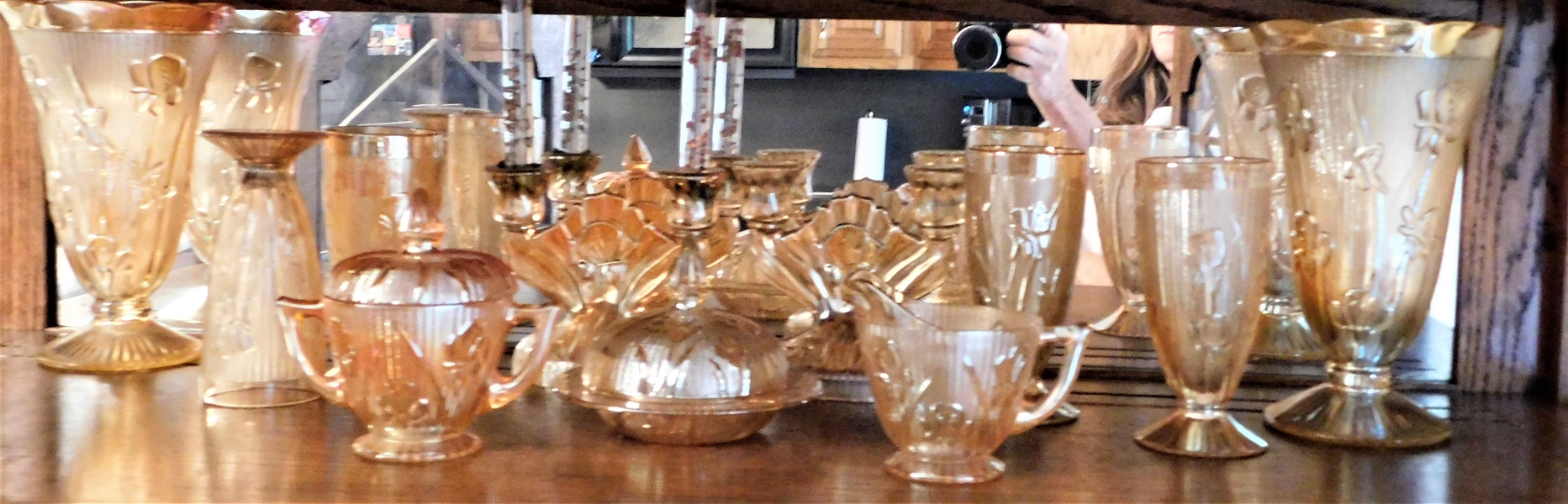 Marigold Iris and Herringbone Glass Lot including Pair of 9" Vases, Pair of 5" Double Light Candle Sticks, Covered Buter Dish, and 4-6" Footed Glasses - 1 Has Hairline - Pictured Upside Down 