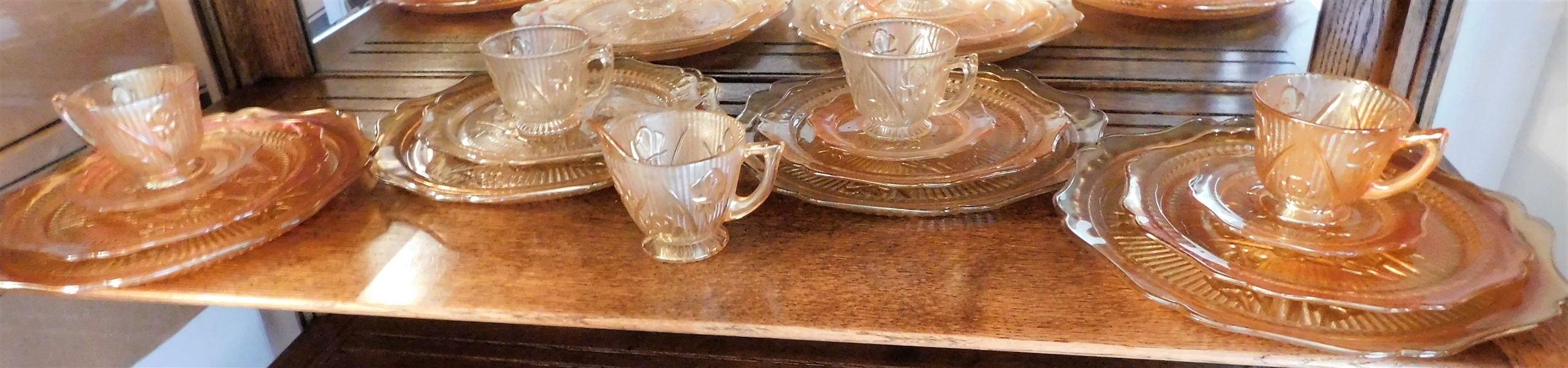 Marigold Iris and Herringbone Glass including - 4- 12" Plates, 4 - 9 1/2" Plates, 3 Cup and Saucer Sets, and 1 Cup and 1 Creamer