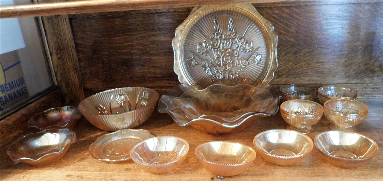 Marigold Iris and Herringbone Glass including 1 - 12" Plate, 11 3/4" Ruffled Edge Bowl,  9 1/2" Ruffled Edge Bowl, and Other Bowls