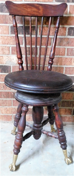 High Back Piano Stool - Ball and Claw Feet - 34" to Back - Seat is 14" - Back Spindle is Broken