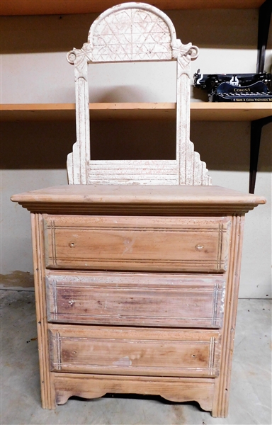 Childs 3 Drawer Chest with Mirror Frame - Flower Detail on Ends - Needs Finishing and Mirror - 21" tall 20 1/2" by 14" Not Including Frame