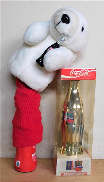 Coca Cola Gold Commemorative Olympics Bottle in Original Box and Coca Cola Polar Bear Golf Club Cover