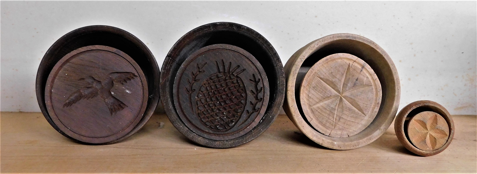 4 Wood Butter Molds including Unusual Bird, Pineapple, Flower and Miniature Flower - Bird Has Split on Top - See Photo