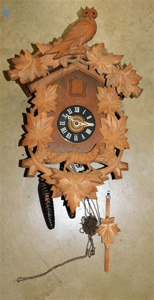 Cuckoo Clock with Owl and Fox - Has Works, Weights, and Pendulum - Not Tested - 18"