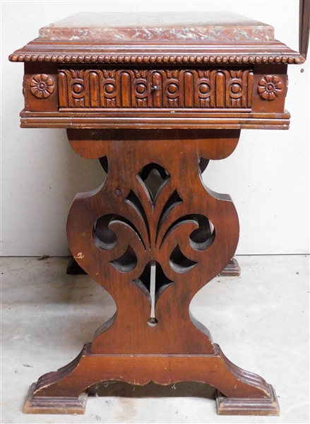 Walnut Marble Top Table with Magazine Holder in Bottom - Heavily Detailed- Hidden Drawer in End - Missing Knob - 22" 25" by 15"