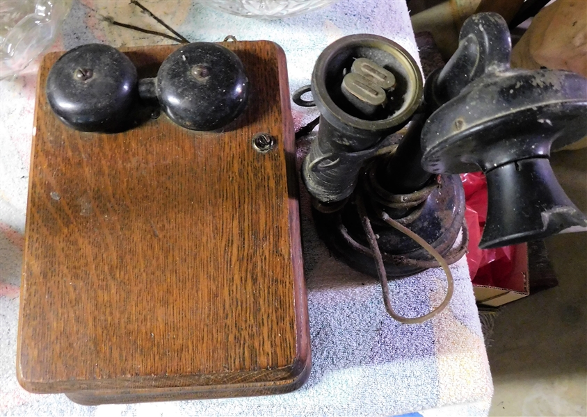 Candlestick Telephone with Oak Wall Box - Mouth Piece is Broken - See Photos - Works are Inside - Kellogg Switchboard and Supply Company 