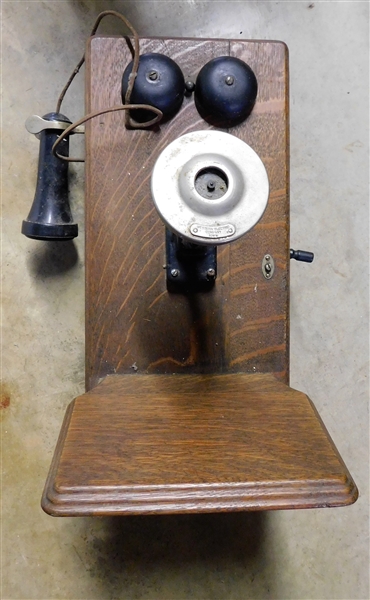 Oak Wall Telephone -Works Are Inside - Missing Mouth Piece