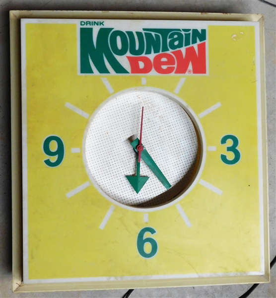 Lighted Plastic "Drink Mountain Dew" Clock - Works - 16" by 15" - Metal Back 