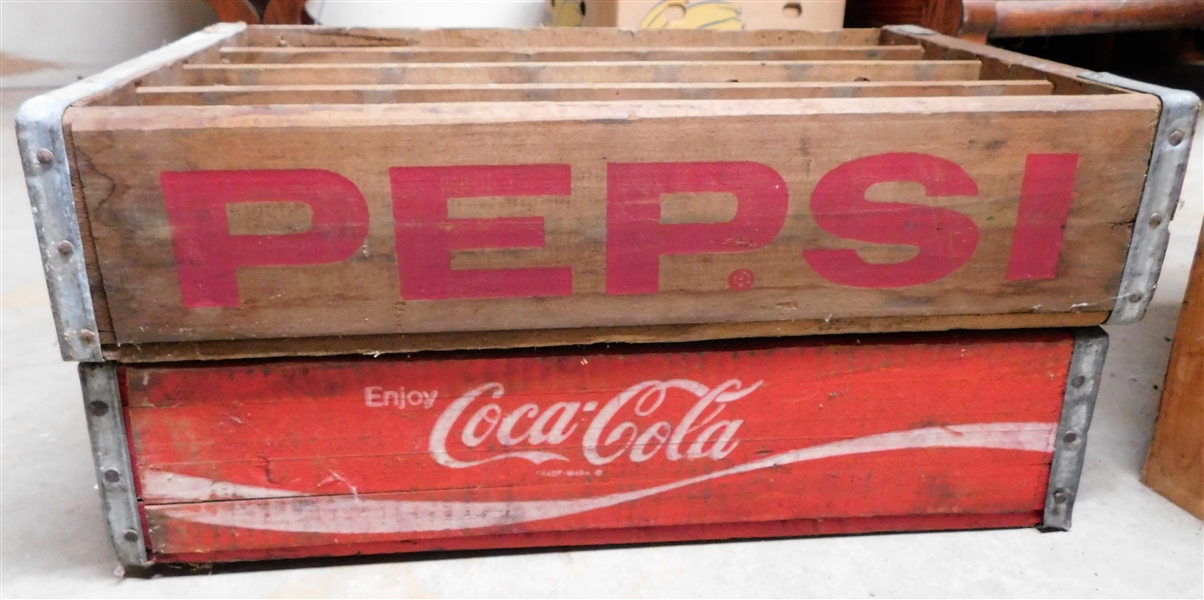 Wood Coke and Pepsi Crates - Pepsi Crate Has Divider Inside 