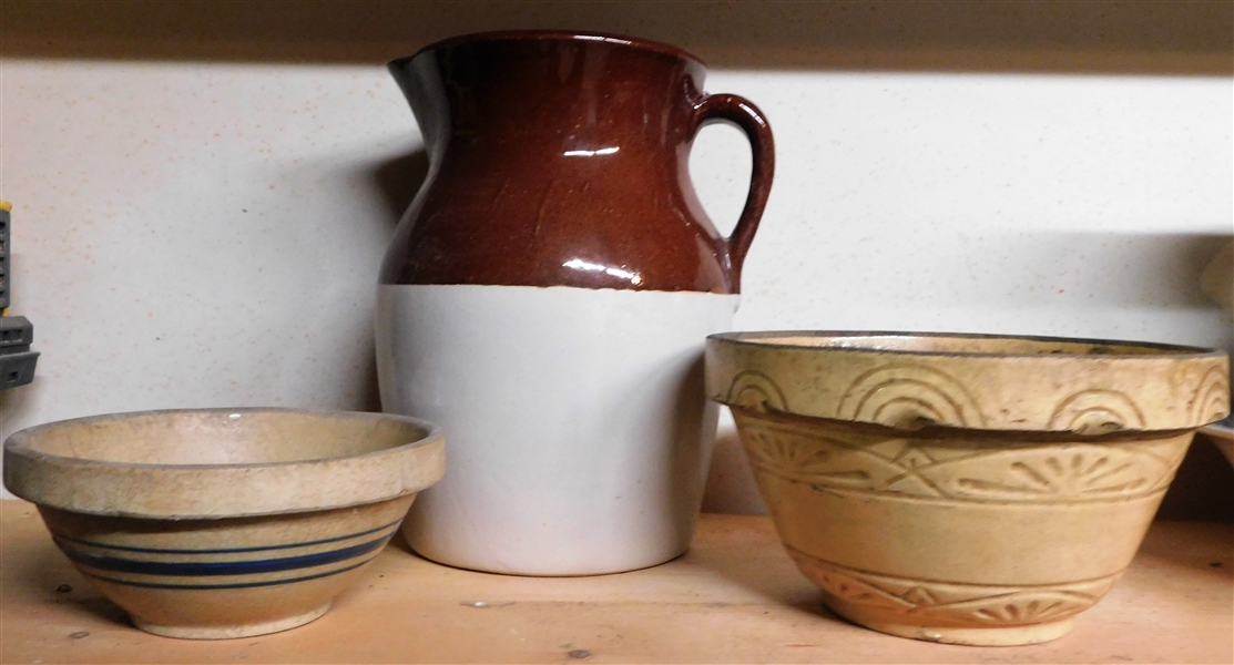 2  Stone Mixing Bowls and Brown and White Pitcher - Largest Bowl Measures 4 1/2" tall 8" Across - Pitcher 10" tall  - Small with Blue Bands Hs Crack