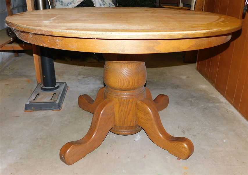 Round Oak Pedestal Base Table - 1 Leaf - 30" tall 48 1/2" Across - Leaf Measures 18 1/4"