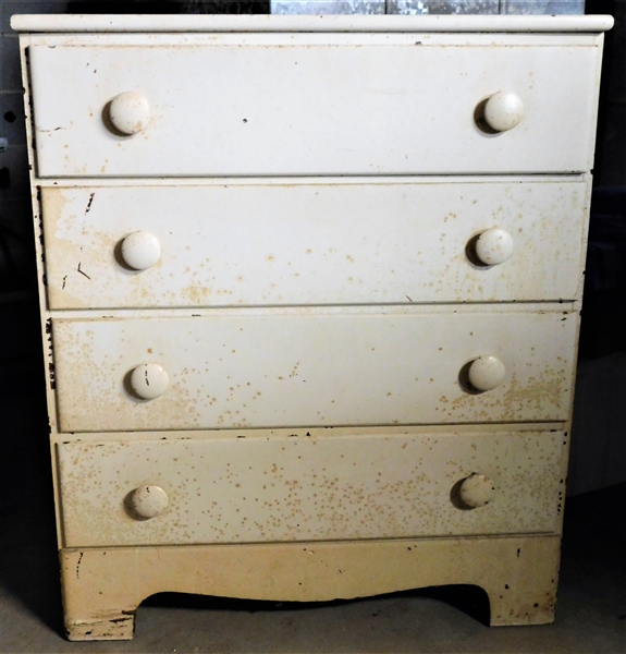 4 Drawer White Painted Chest - Some Paint Flaking - Wood Knobs - 35" 29 1/2" by 16 1/2"