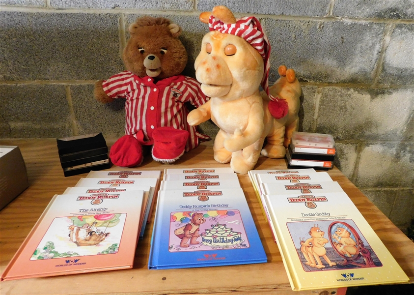 Teddy Ruxpin Group including Teddy, Grubby, 12 Books, and Cassette Tapes