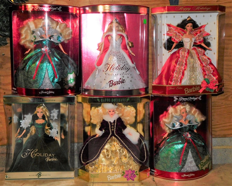 6 Special Edition Holiday Barbies in Original Boxes including Holiday Celebration, 1995, and 1997