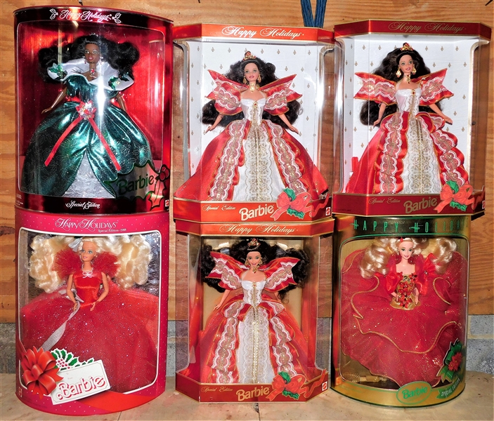 6 Special Edition Holiday Barbies in Original Boxes including 1997, 1995, and Others