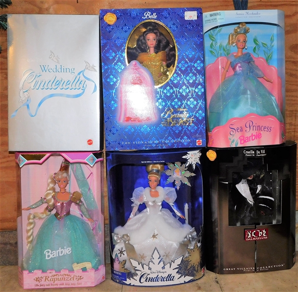 6 Special Edition Barbies including Cinderella, Rapunzel, Cruella De Ville, Belle, and Sea Princess