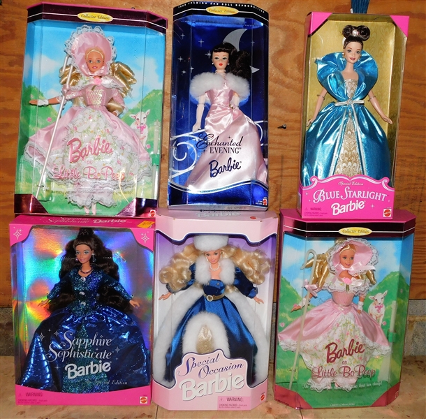 6 Special Edition Barbies including Sapphire Sophisticate, Little Bo Peep, Enchanted Evening, and Blue Starlight