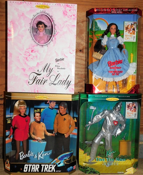 4 Collectors Edition Barbie Dolls including Wizard Of Oz - Dorothy and Tin Man, Star Trek, and My Fair Lady