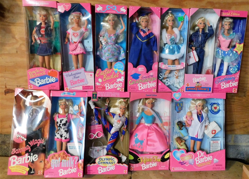 12 Barbie Dolls including Back to School, Easter Basket, Earring Magic, Olympics, Fifties Fun, Etc.