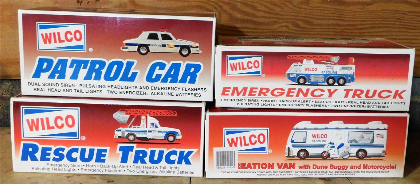 4 Wilco Trucks - Rescue Truck, Patrol Car, Emergency Truck, and Recreation Vehicle with Dune Buggy and Motorcycle