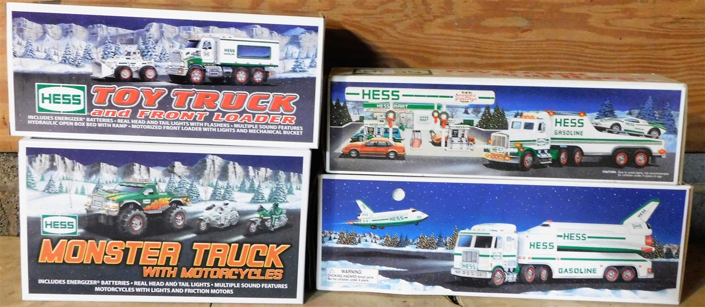 4 Hess Trucks including 1999 Toy Truck and Space Shuttle, 1991 Toy Truck and Racer, 2007 Monster Truck with Motorcycles, and 2008 Toy Truck and Front Loader