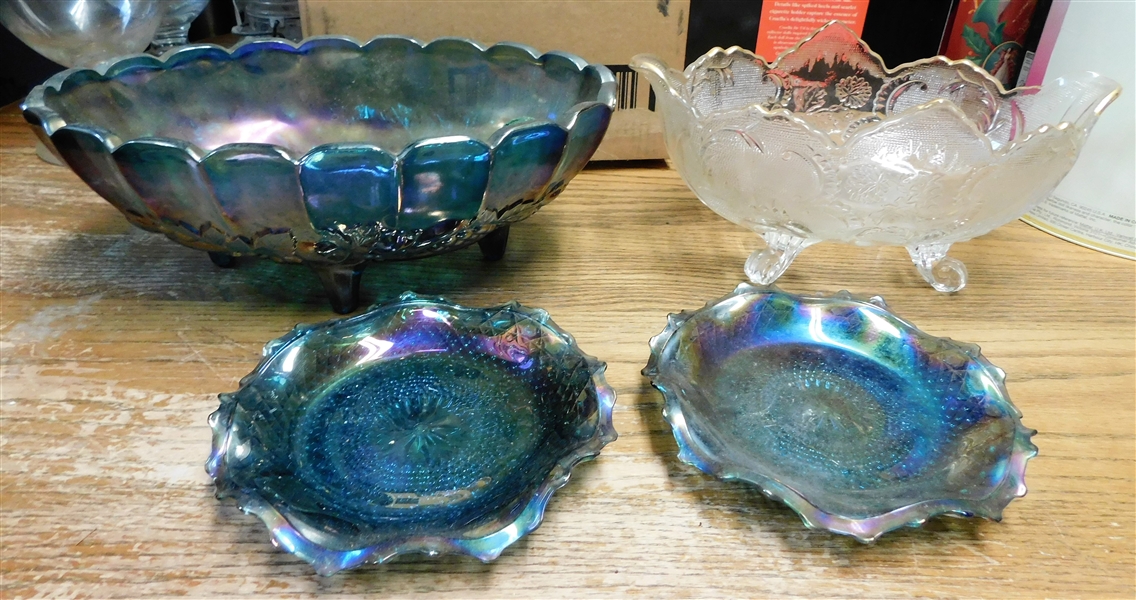 Blue Carnival Oval Footed Bowl , 2 Plates, and Other Oval Footed Bowl - Carnival Bowl is 12" Long