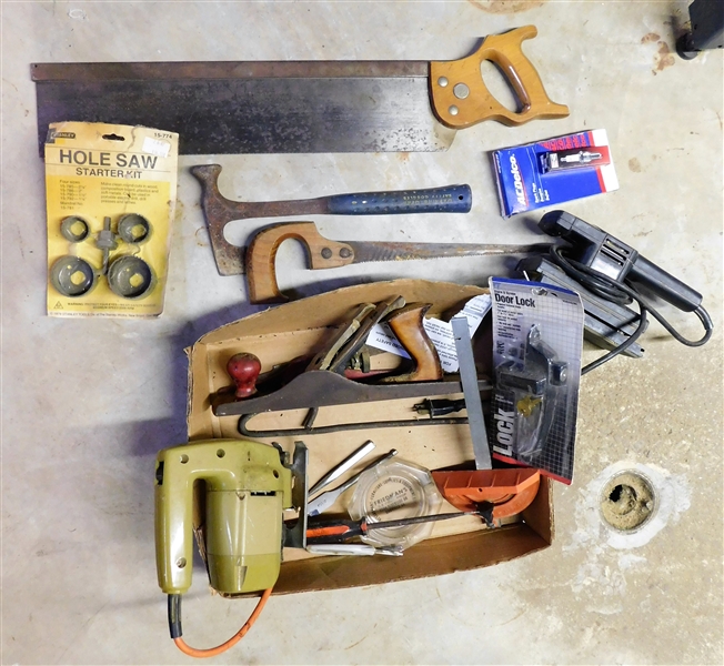 Lot of Tools and Hardware Including Hole Saw Kit, Wood Plane, Hand Sander, Jig Saw, Etc. 