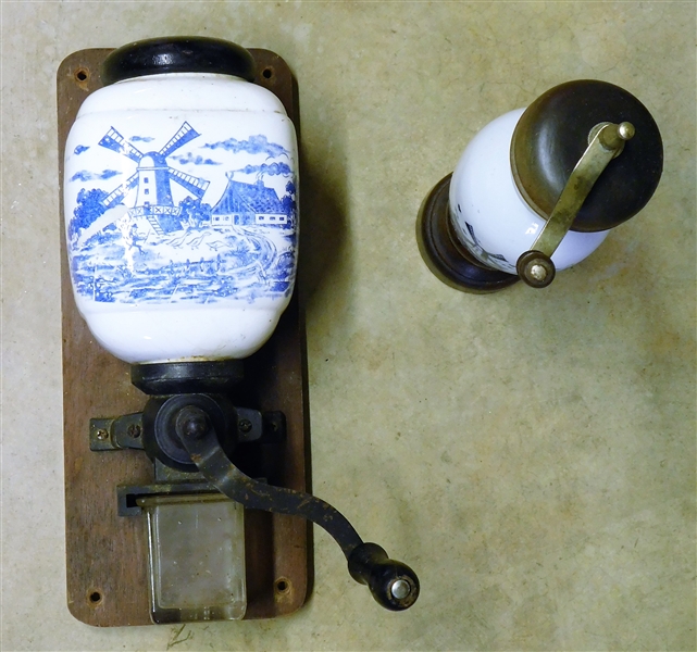 Holland Blue and White Wall Coffee Mount Coffee Mill and Other Grinder - Porcelain Part of Coffee Mill Has Lots of Crazing - Entire Length 12"