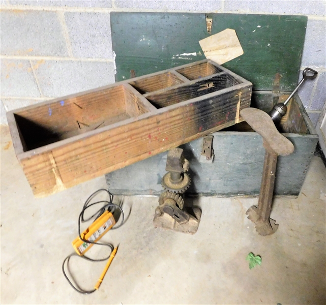 Green Painted Wood Tool Chest Full of Tools, Jack, and Shoe Last - Tool Box Has Wood Tray - Measures - 12" 28" by 12"