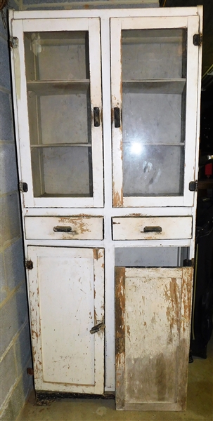 White Painted Cabinet with Double Doors and 2 Drawers  - Bottom Doors Need to Be Repaired - 64" 27" by 13" - Original Hinges Are Still There 