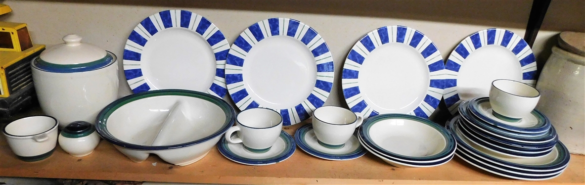 24 Pieces of Pfaltzgraff China Cream with Blue and Green Trim - Pieces Include Dinner Plates, Divided Bowl,  Cannister and More