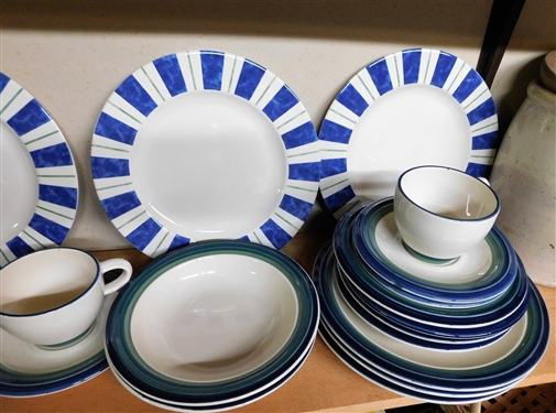 24 Pieces of Pfaltzgraff China Cream with Blue and Green Trim - Pieces Include Dinner Plates, Divided Bowl,  Cannister and More
