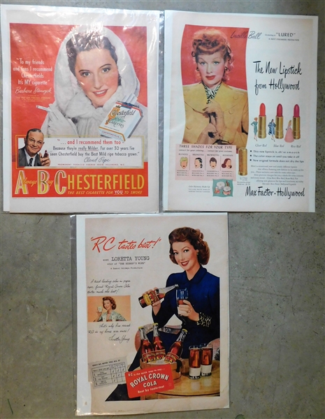 3 Paper Advertisements - Max Factor -Lucille Ball, Chesterfield Cigarettes, and RC Cola -14" by 10"