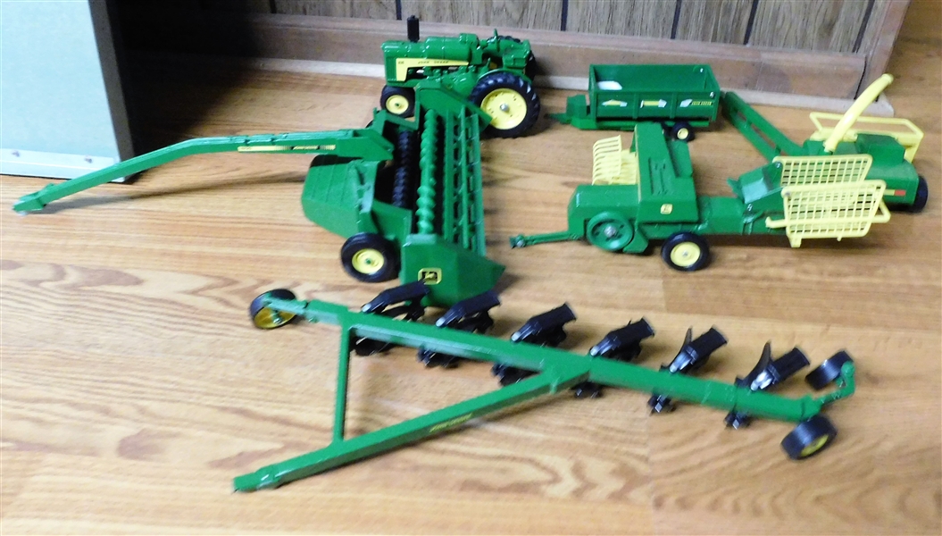 Ertl Die Cast John Deere 630 Tractor with Trailer. 1600 Attachment, Hay Bailer, Plow, and Others