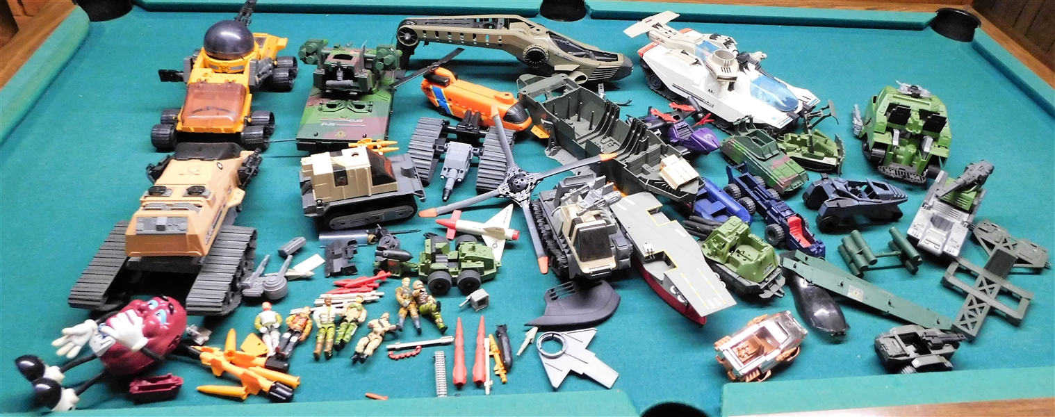 Large Group of GI Joe Toys including Tanks, Small Figures, Trucks,  and More