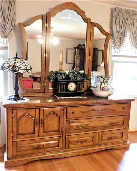 Solid Oak Burlington Furniture Lexington, NC- Dresser with Moveable 3 Way  Mirror - Dresser Base Measures 32" 75" by 19 1/2" - NOTHING ON TOP INCLUDED