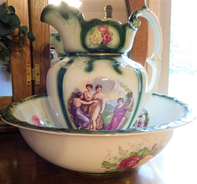 Wash Bowl and Pitcher Set with Portrait and Flowers - Bowl Measures 16" across Pitcher is 12" tall