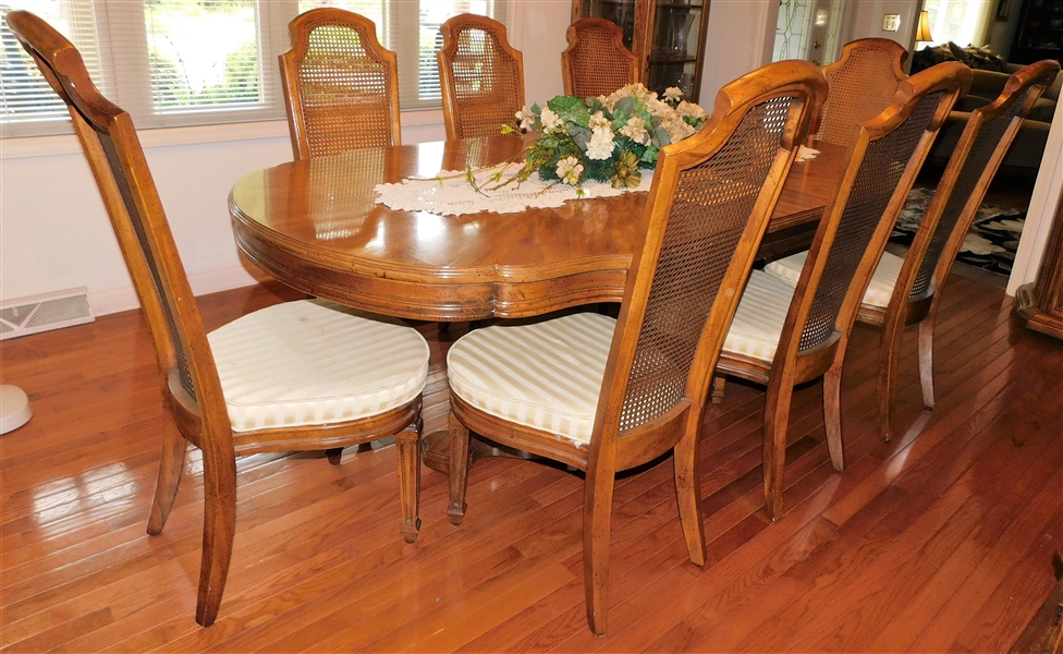 American Furniture Co - Martinsville, VA Double Pedestal Dining Table with 8 Cane Back Chairs - Table Has Scalloped Apron - 2 Captains Chairs, Total Length with 1 Leaf 89"