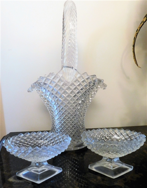 English Hobnail Crystal Vase and Pair of Master Salts - Basket is 9 1/2" tall Salts are 2 3/4"